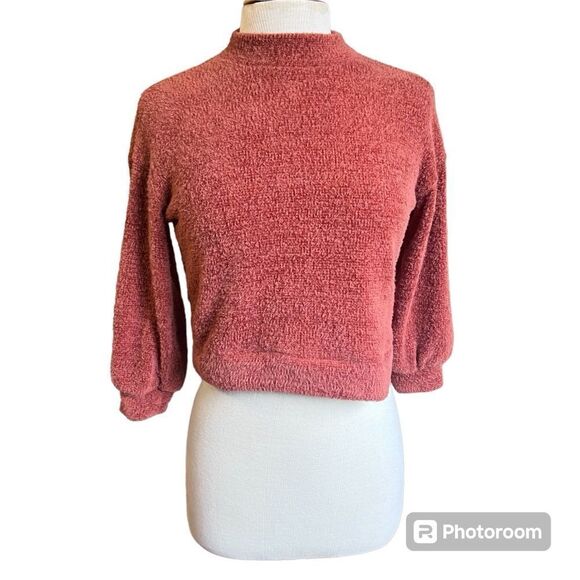Old Navy Medium Rust Color Orange Pink Mock Neck Fuzzy Crop Top Knit Sweater - Picture 1 of 5